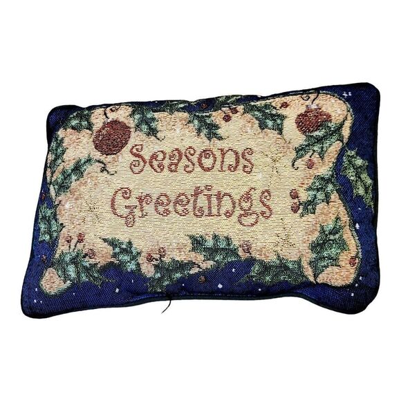 Vintage Needlepoint Christmas Decorative Throw Pillow Season’s Greeting - Picture 1 of 5